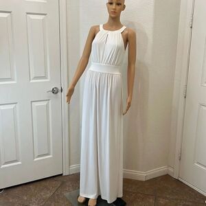 Carmen Pearl Ivory Dress Pool Cover Up Medium Maxi Halter Keyhole Button Sheer